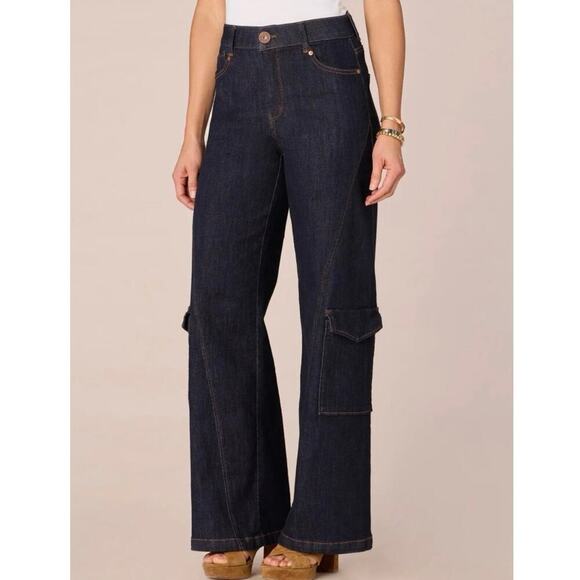DEMOCRACY NWT Sky Rise Absolution Wide Leg Cargo Dark Indigo Wash Jeans Size 0 - Picture 1 of 14